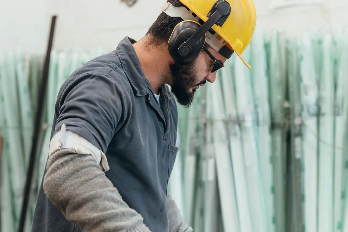 A worker in safety glasses and cut-resistant gloves handling a sheet of glass in a workshop