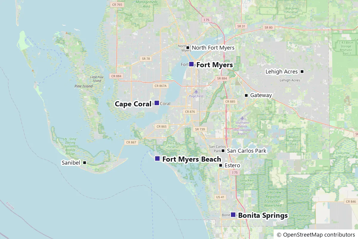 Map of Lee County marking Fort Myers, Cape Coral, Fort Myers Beach and Bonita Springs, with North Fort Myers, Lehigh Acres, Gateway, San Carlos Park, Estero and Sanibel